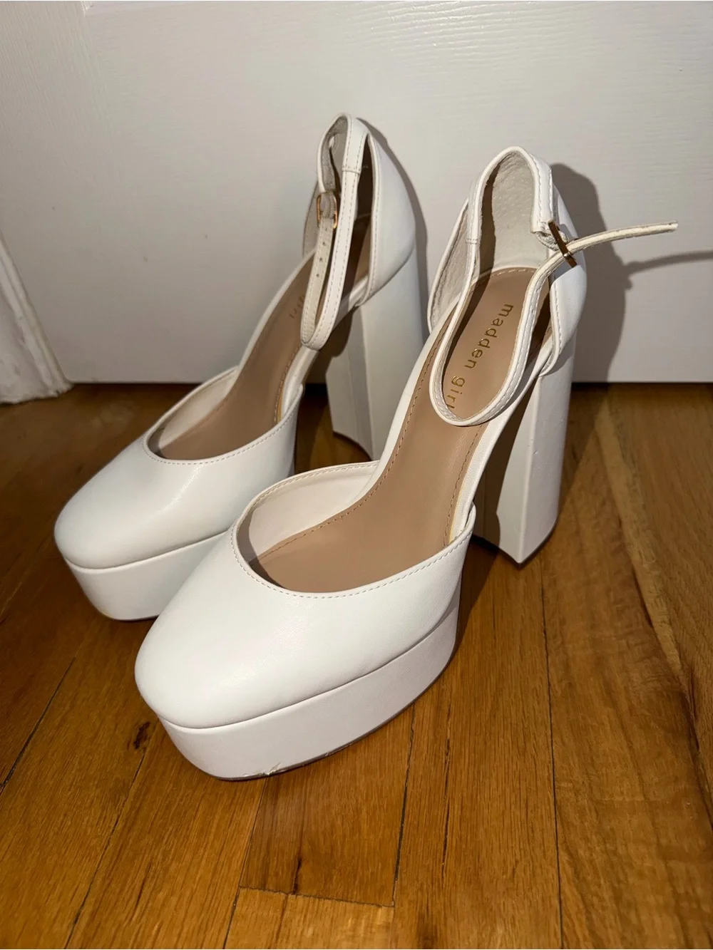 Madden Girl White Platform Block Heel Pumps with Ankle Strap